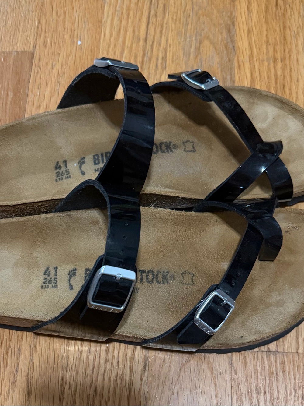 Birkenstock Black Patent Triple Strap Buckle Sandals